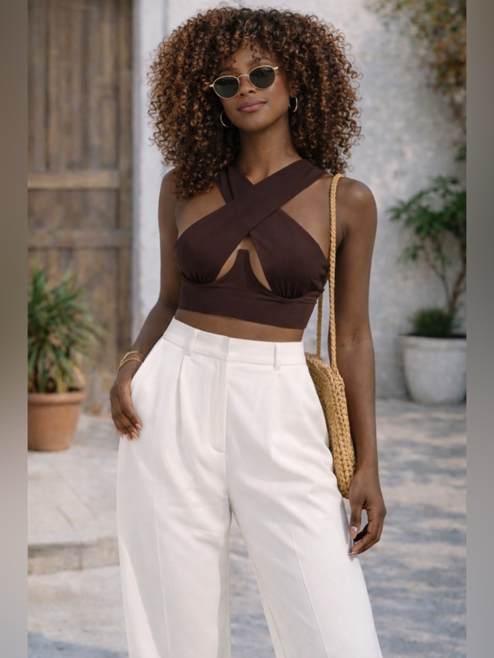 superdown Kacie Cross Over Top XS Brown Cutout Halter Crop Top NWT